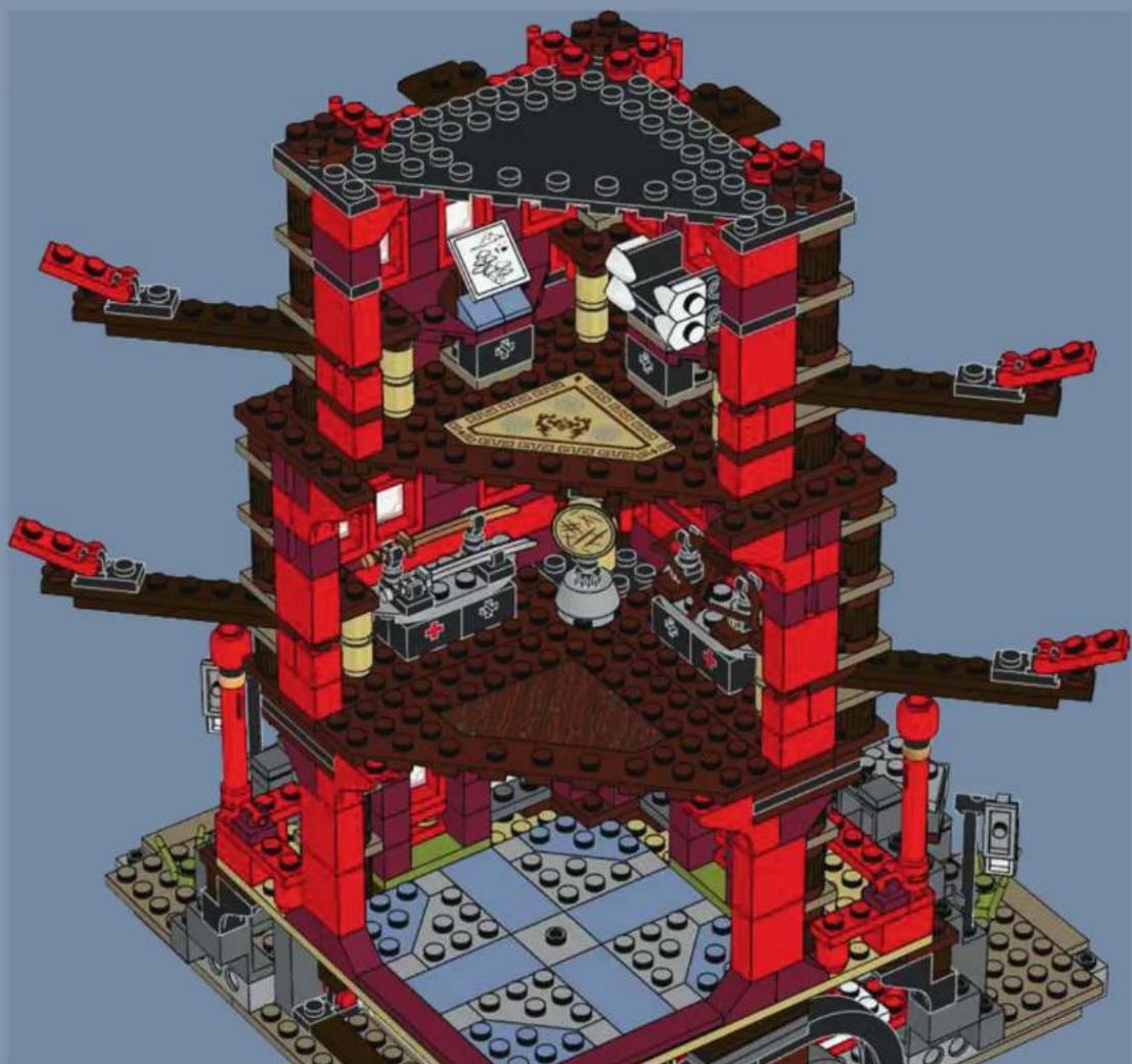 3D architectural cutaway of a LEGO building with red walls, doors, and equipment (no visible text or symbols)
