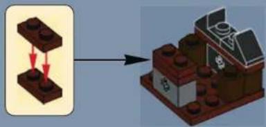 Diagram showing a 3D brick structure being lifted by a red arrow, with an adjacent 2D model of a building (no text or symbols present)