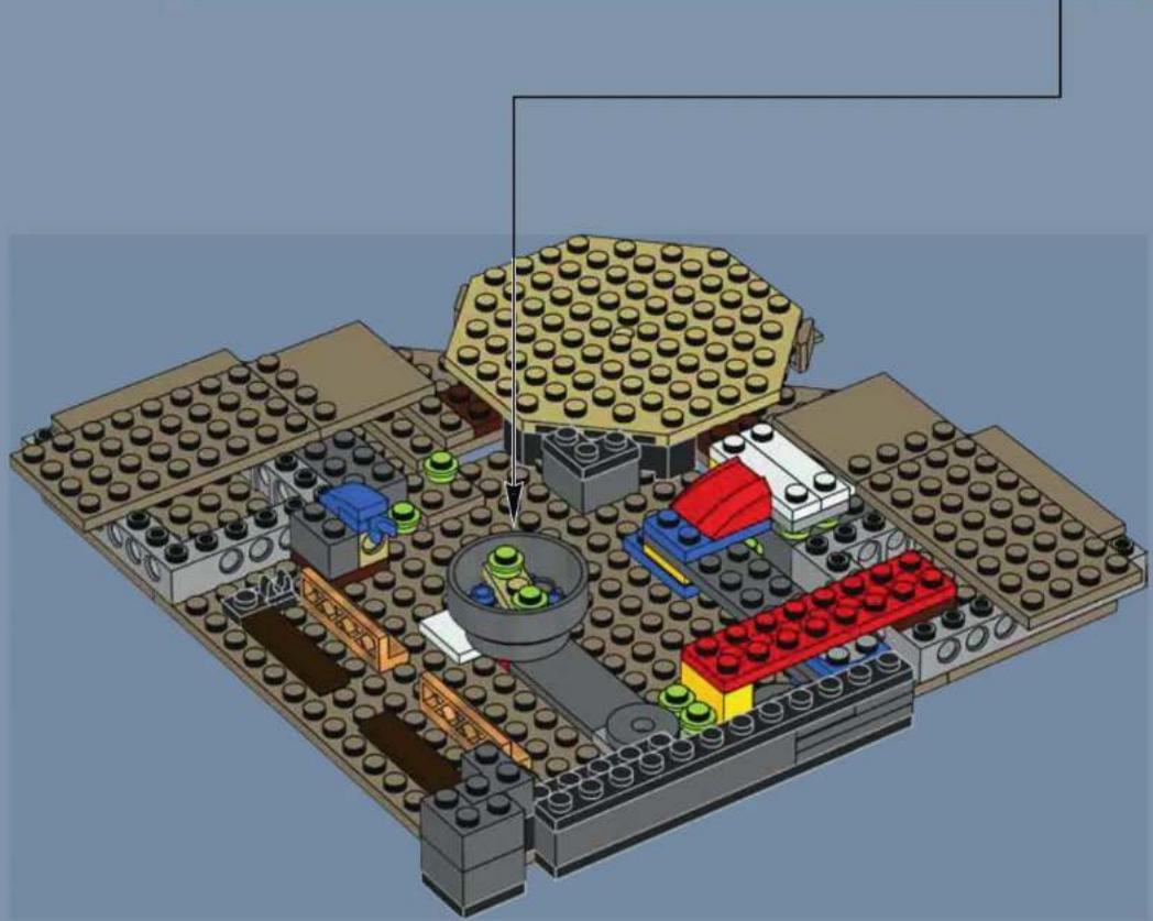3D architectural diagram of a LEGO building complex with multiple brick structures and a central circular structure (no text or symbols)