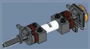 3D mechanical assembly diagram showing a shaft, housing, and mounting components (no text or labels)