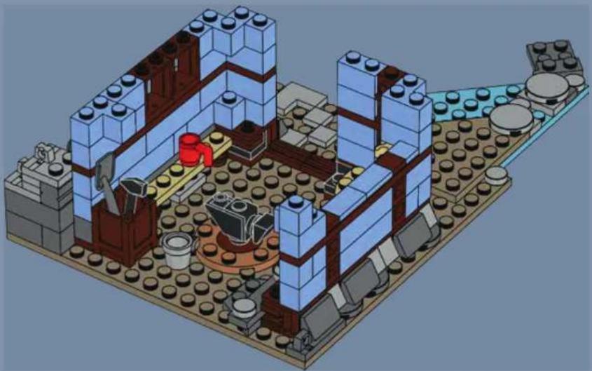 Isometric architectural diagram of a modular building with blue and brown blocks, featuring pipes and storage tanks (no text or symbols)