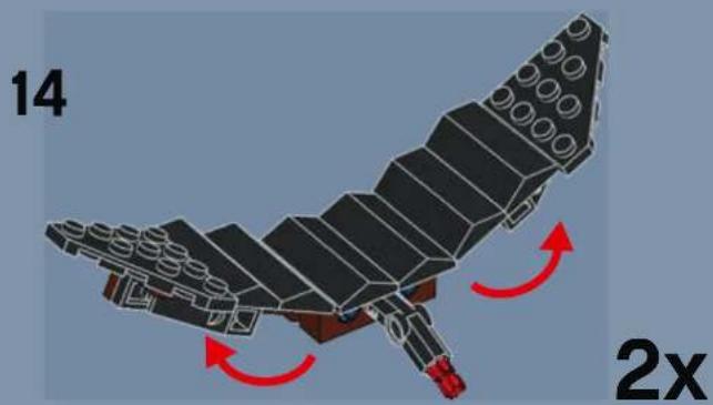 3D diagram of a mechanical structure with red arrows indicating rotational motion, labeled '14' and '2x' (no text or symbols on the diagram itself)
