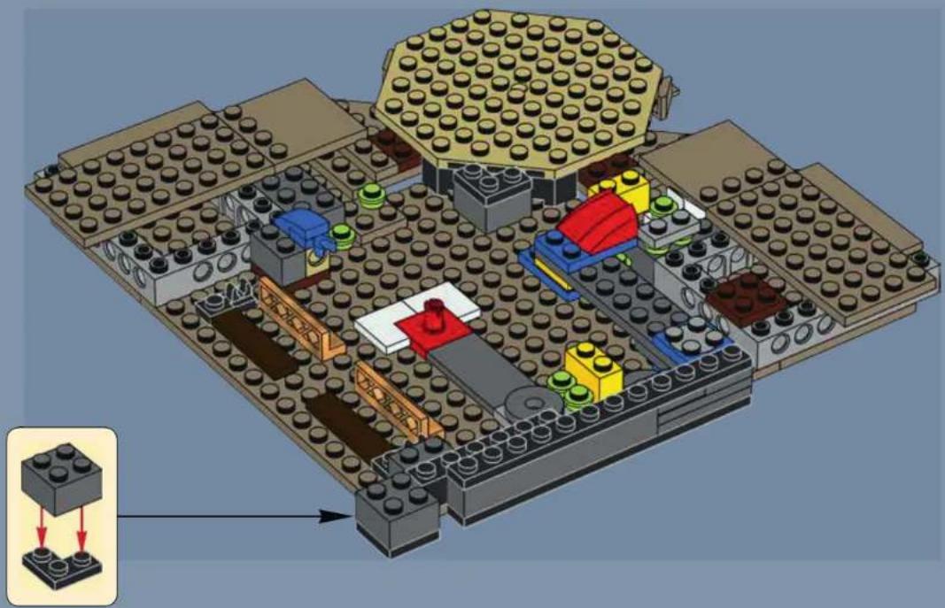 Lego brick structure diagram showing interior layout and component placement (no text or labels)