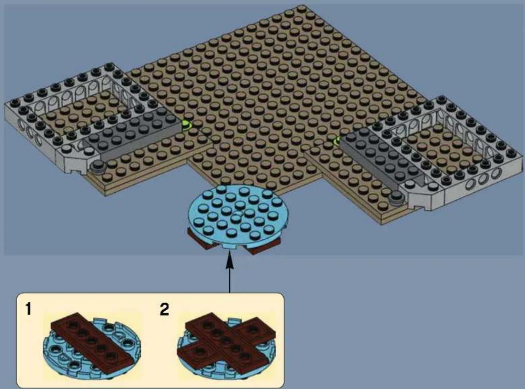 Lego assembly diagram showing two stages of assembling a multi-story building with numbered components and component views.