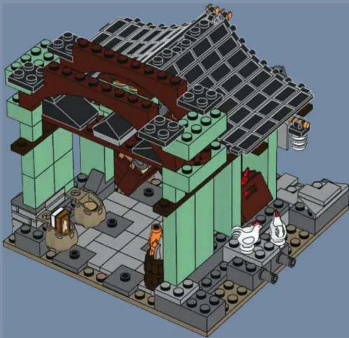 3D architectural model of a LEGO-style house with green walls, red brick roof, and scattered objects (no text or symbols)