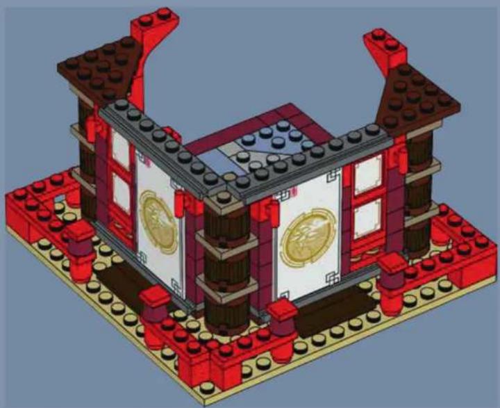 3D model of a traditional Chinese-style building with red walls, decorative columns, and gold coin motifs (no text or symbols)