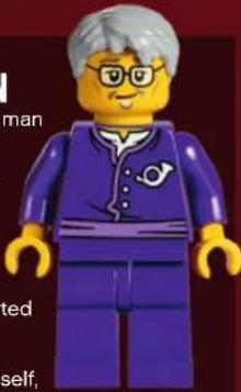 Lego figure with gray hair and glasses, wearing purple outfit (no text or symbols visible)