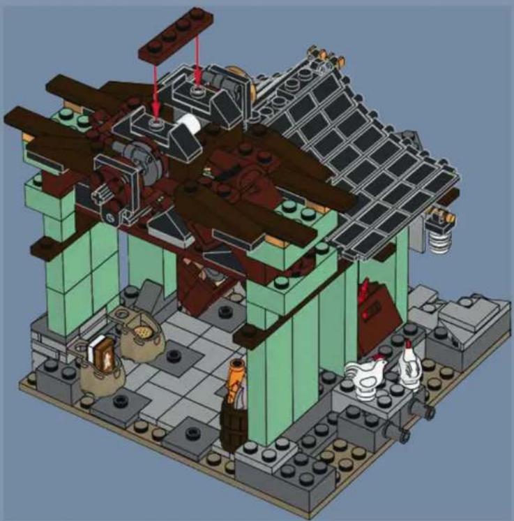 Isometric 3D model of a house with brickwork, solar panels, and small kitchen utensils (no text or symbols)