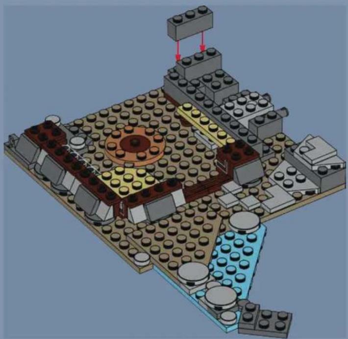 3D architectural rendering of a LEGO building complex with multiple brick units and structural elements (no text or symbols visible)