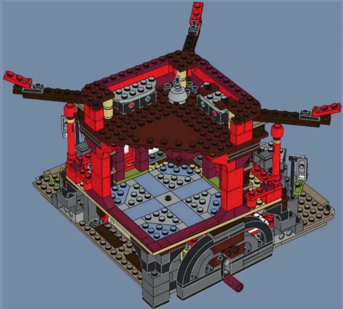 3D architectural model of a multi-story building with red and blue brick structures, featuring a central courtyard and floor grid (no text or symbols visible)