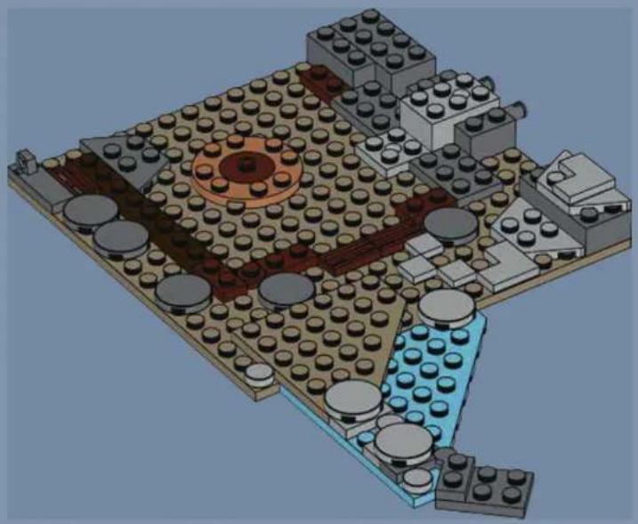 3D architectural rendering of a LEGO building complex with circular and rectangular components (no text or symbols visible)