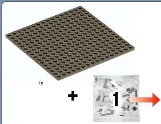 Lego brick plate with 1x scaling indicator and packaging (no text or symbols on the plate itself)