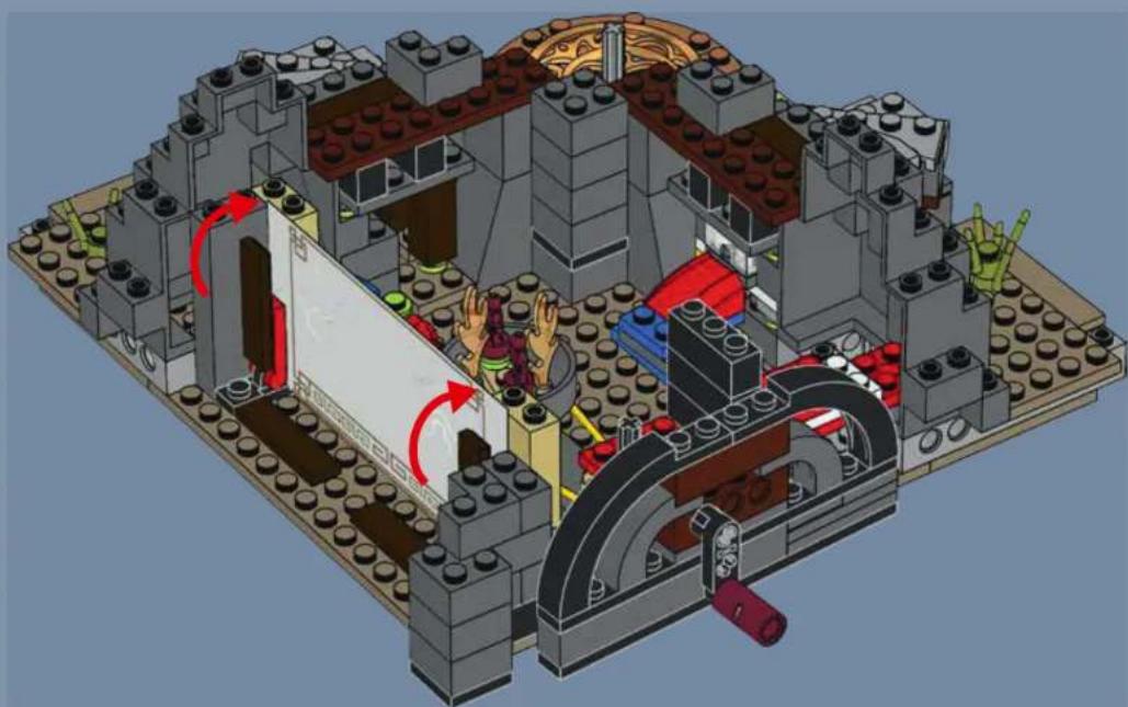 3D architectural cutaway of a LEGO building interior showing structural elements and pathways (no text or symbols)