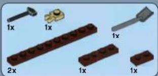 Illustration of various LEGO blocks with labeled dimensions (1x, 2x, 1x) and a pencil, no text or symbols present.