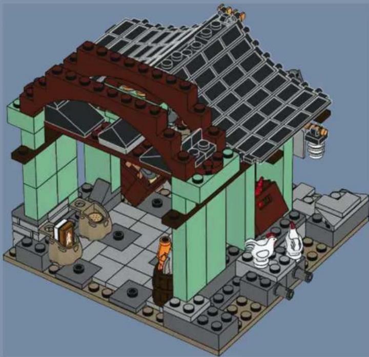 3D architectural model of a house with brick walls, green walls, and solar panels (no text or symbols)