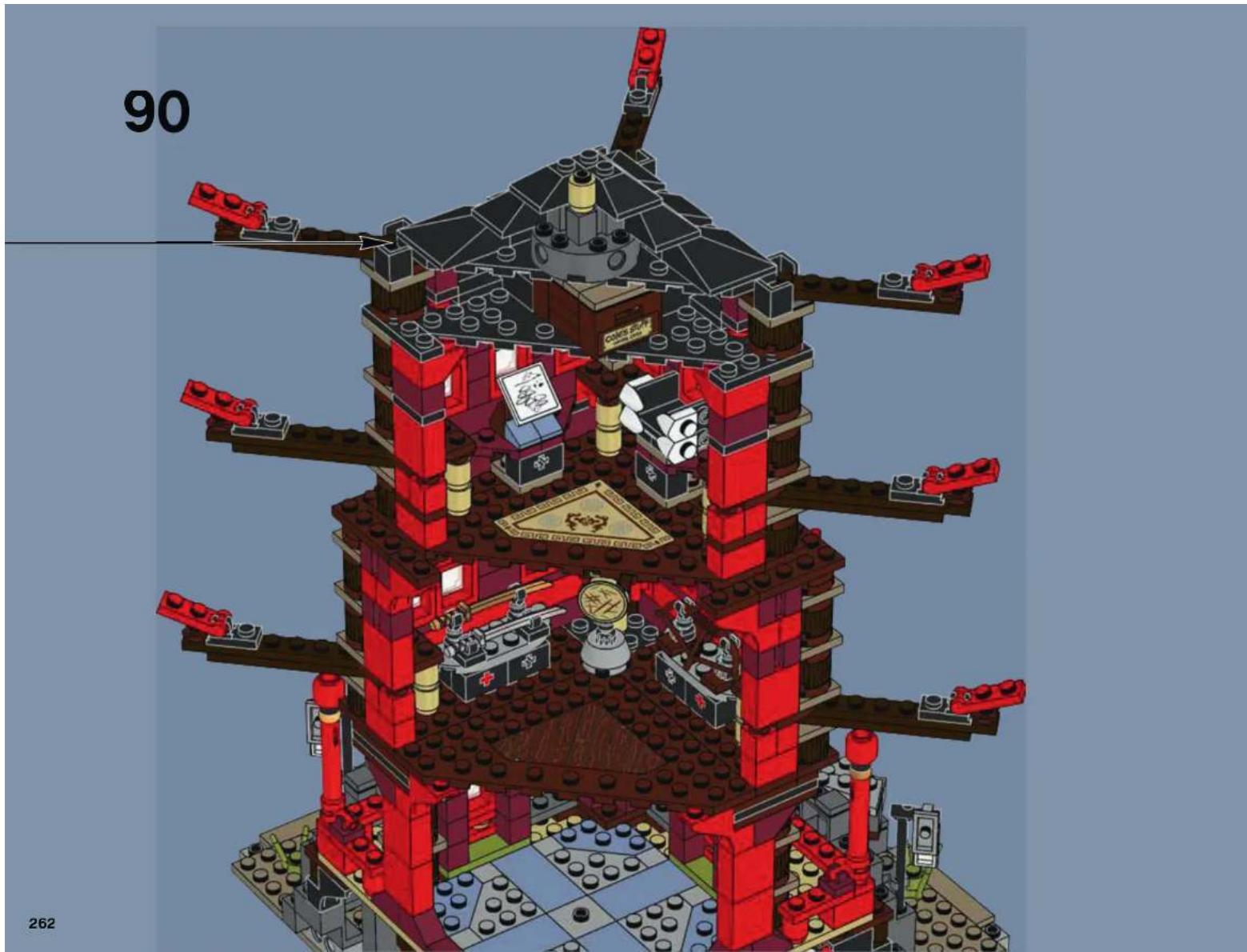 3D architectural model of a multi-tiered building structure with red and black components, no visible text or symbols