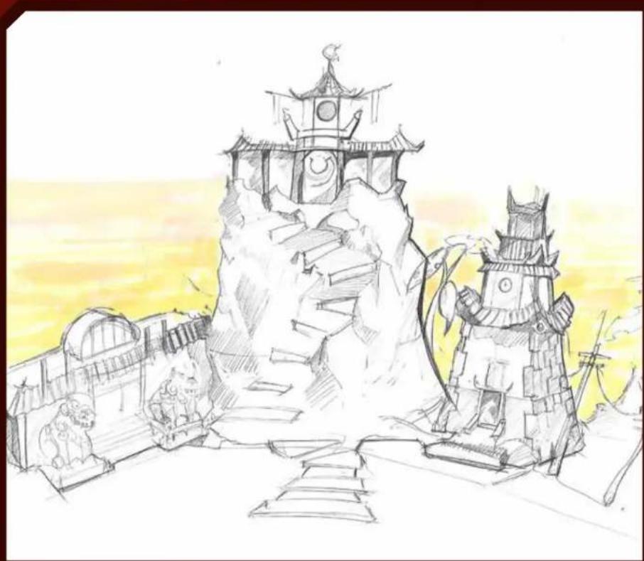 Sketch-style illustration of a traditional Chinese temple complex with monkey statues and a pagoda, set against a yellow sky (no text or symbols)