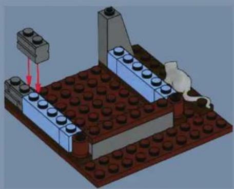 3D diagram of a robot assembling a LEGO structure with a mouse, showing no text or symbols