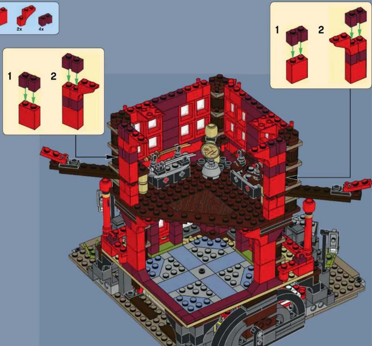 Lego assembly diagram showing step-by-step construction of a hospital building with numbered components and directional arrows indicating assembly steps.