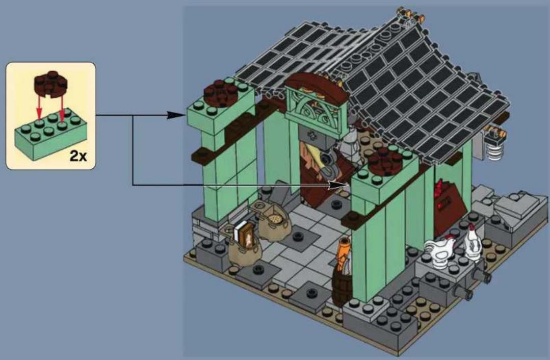 Lego brick structure diagram with 2x magnified view showing a house interior and debris, including a dog and chicken.