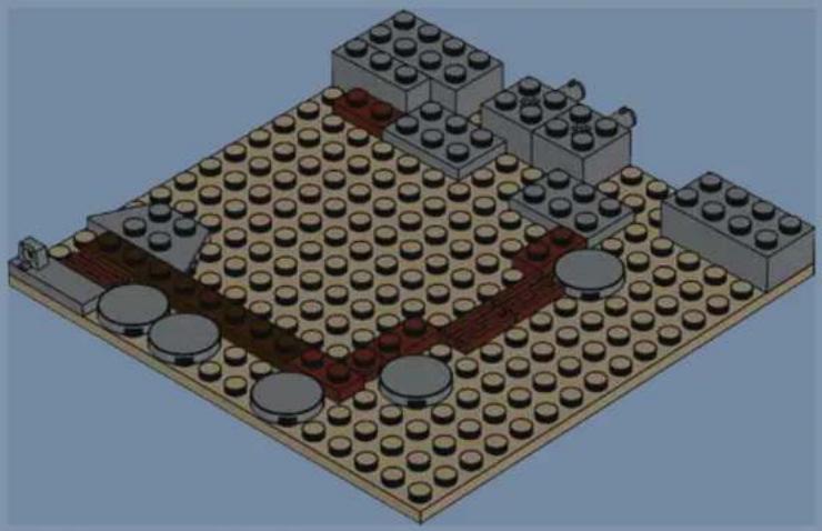 3D architectural rendering of a LEGO building layout with circular and rectangular components (no text or symbols)