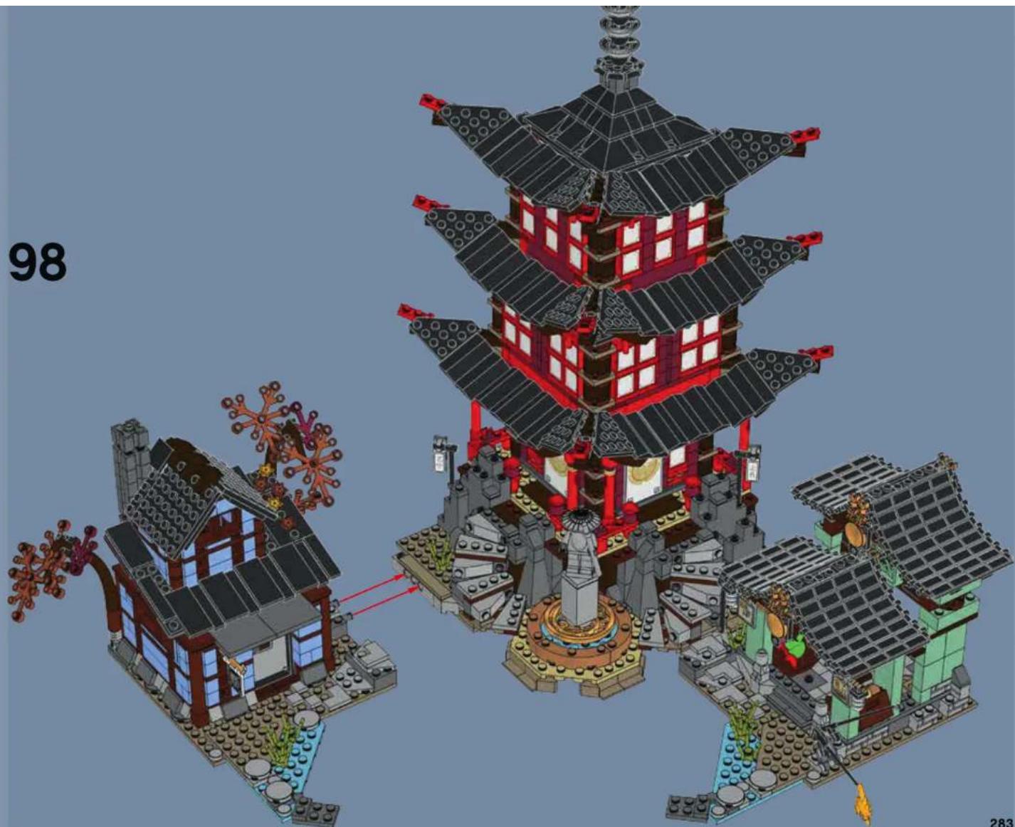 3D architectural model of a multi-tiered traditional Chinese pagoda with surrounding buildings and greenery (no text or symbols)