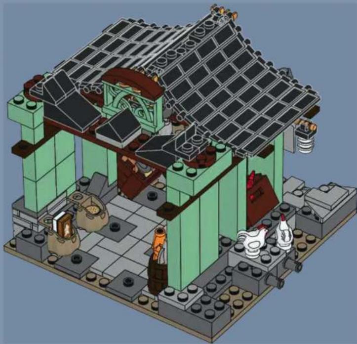 Isometric 3D model of a house with green walls, tiled roof, and brickwork (no text or symbols)