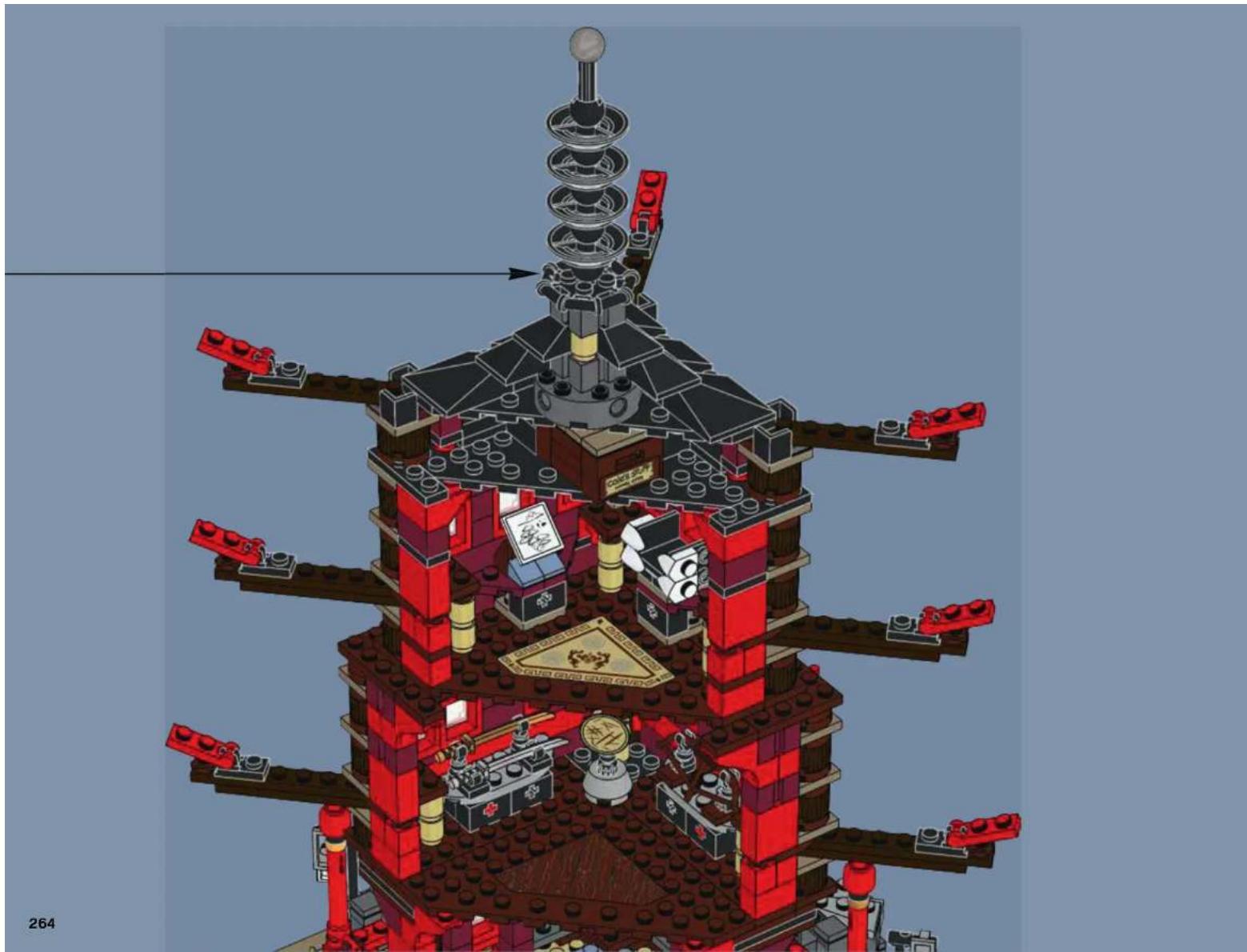 Lego structure diagram of a multi-tiered pagoda with red brick walls and mechanical components (no text or symbols)