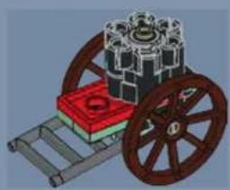 3D mechanical assembly diagram showing a wheel, gear mechanism, and layered components (no text or symbols)