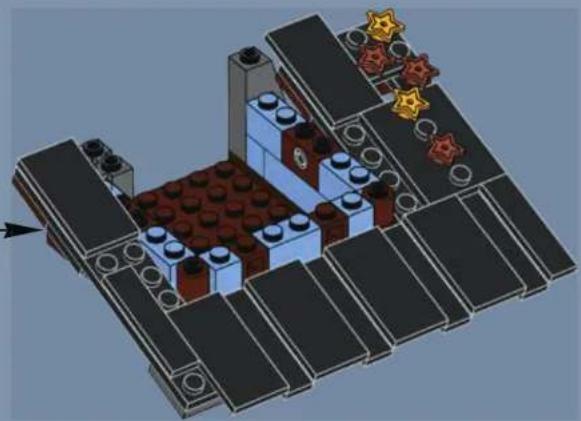 3D architectural model of a building complex with LEGO blocks and star-shaped elements (no text or symbols)