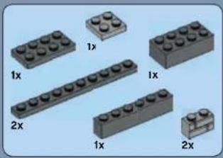 3D architectural diagram of a LEGO building complex with multiple brick blocks and a highlighted component (no text or symbols)