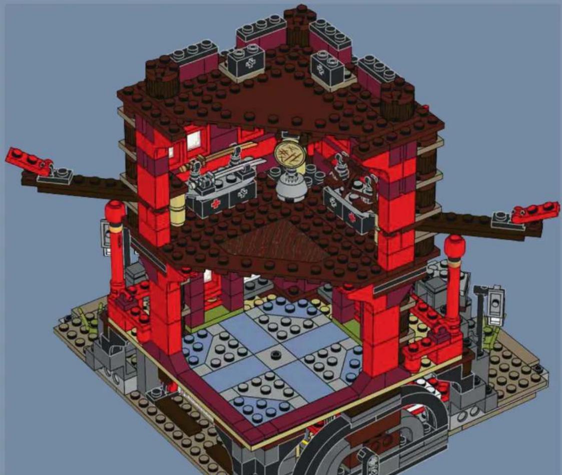 3D architectural cutaway of a LEGO building with red walls, seating, and internal components (no text or symbols visible)