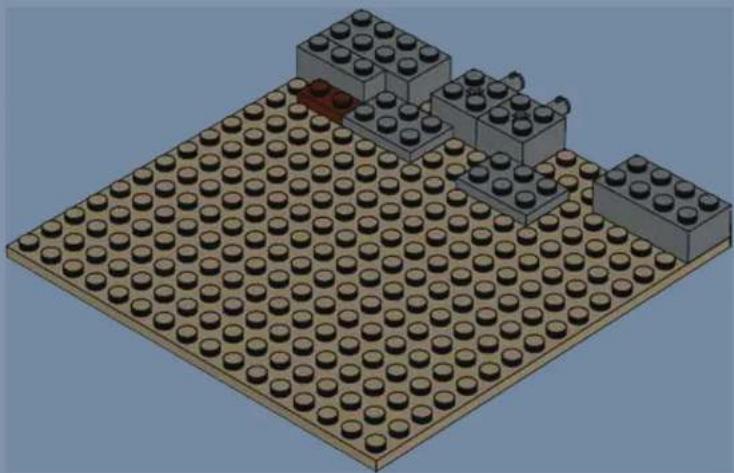 3D diagram of a LEGO structure with multiple cubes and a base platform (no text or symbols)