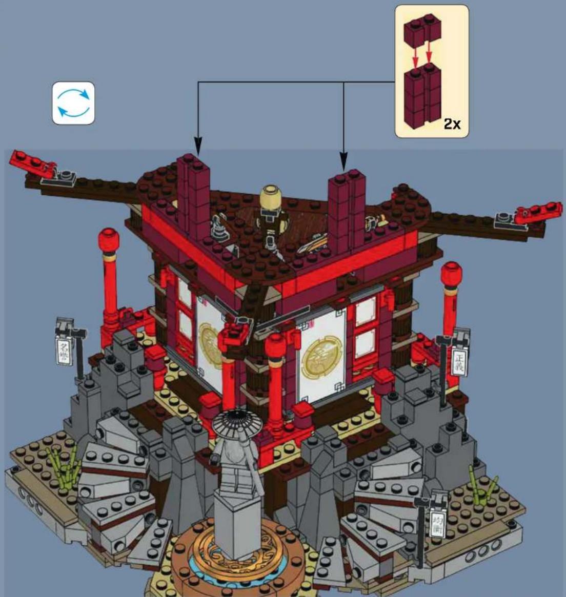 Lego-style building structure with Chinese annotations and 2x scaling indicator, showing structural components and movement arrows.