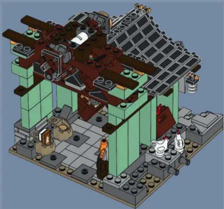 Isometric illustration of a LEGO-style building with workers and structural elements (no text or symbols)
