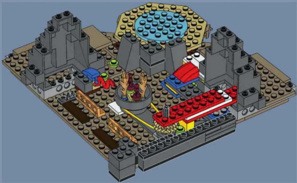 3D architectural rendering of a LEGO building complex with multiple towers, columns, and a central circular structure (no text or symbols visible)