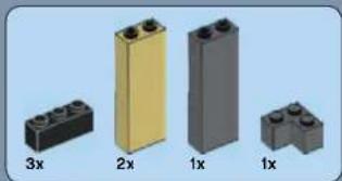Five LEGO blocks of varying sizes and orientations, labeled 3x, 2x, 1x, and 1x (no text or symbols on the blocks themselves)