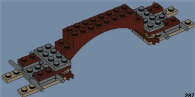 3D rendering of a red and gray LEGO structure with embedded bolts, shown without any text or symbols