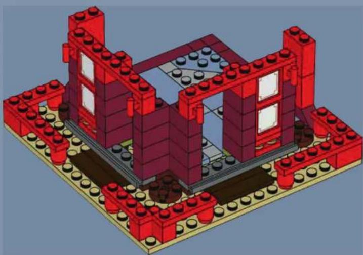 3D architectural model of a red and maroon LEGO structure with visible windows and base blocks (no text or symbols)