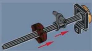 Mechanical assembly diagram showing a shaft and gear mechanism with red arrows indicating motion direction (no text or symbols)