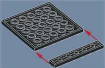 3D diagram of a grid-patterned plate with two rectangular blocks, each with red arrows indicating direction (no text or symbols)