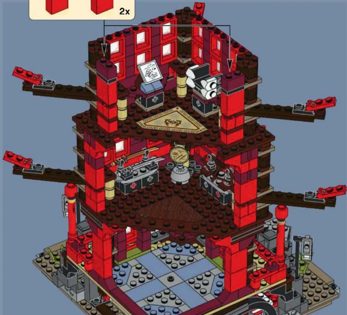 Lego structure diagram showing a multi-tiered building with red walls, doors, and equipment (no text or symbols)