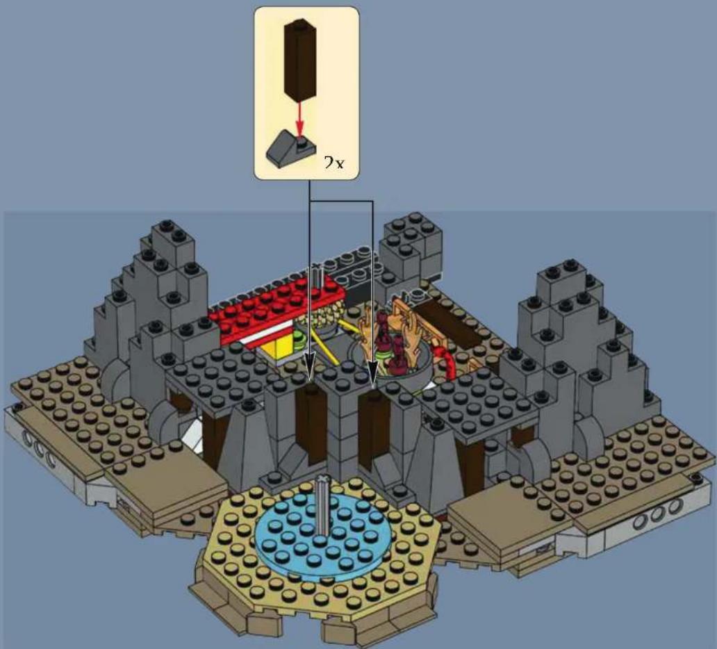 3D architectural diagram of a LEGO building complex with visible structural elements and a labeled component (no text or symbols present)