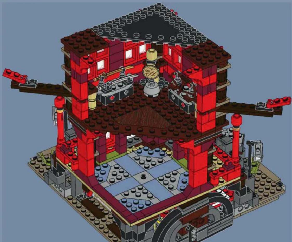 3D architectural cutaway of a multi-story building with red brick walls, central courtyard, and mechanical components (no text or symbols visible)