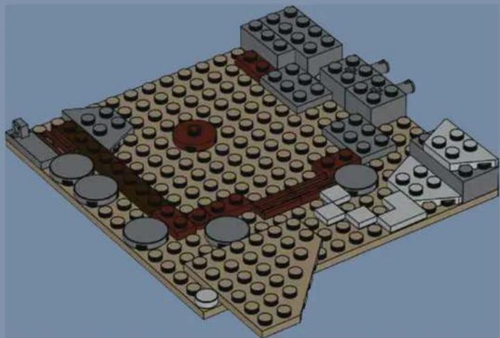 3D architectural rendering of a LEGO building complex with circular and rectangular elements (no text or symbols)