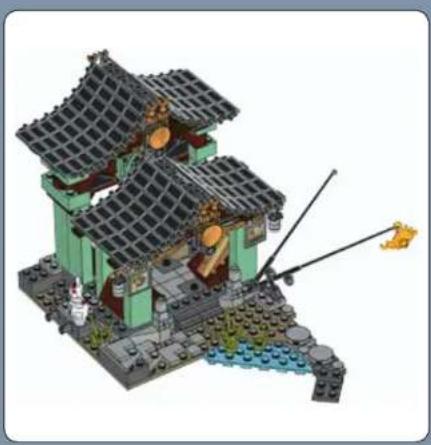Lego-style building with traditional Chinese architecture and water feature (no text or symbols)