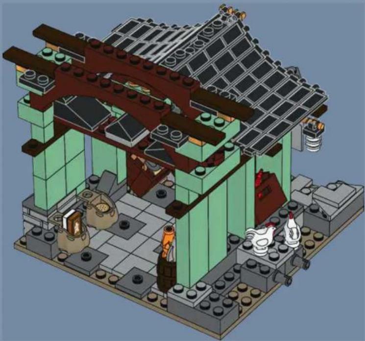 Isometric illustration of a traditional Chinese-style building with green walls, wooden beams, and small chickens (no text or symbols)