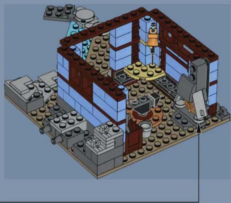 3D architectural model of a LEGO building interior with visible structural elements and no text or symbols