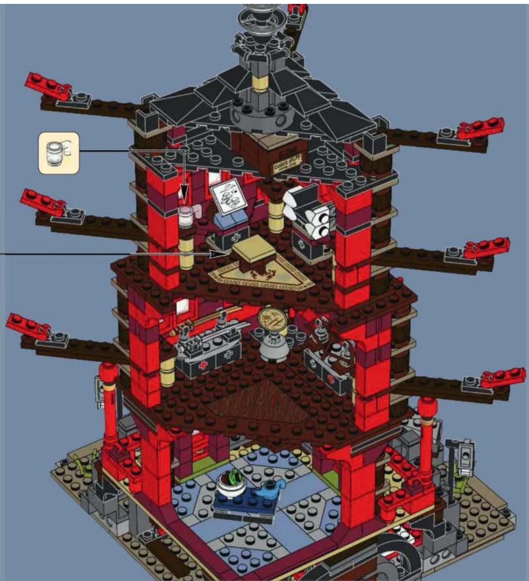 Exploded view diagram of a multi-tiered LEGO structure with red walls, doors, and decorative elements (no text or symbols)