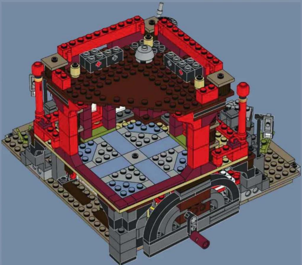 3D architectural rendering of a LEGO building interior with red walls, central platform, and floor structure (no text or symbols visible)